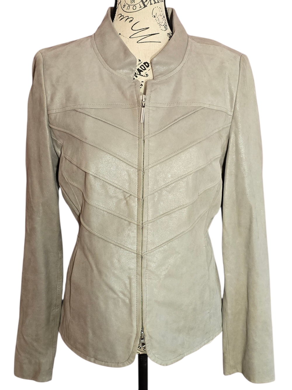 Tesori Light Silver Gray Leather Zip-Front Jacket S